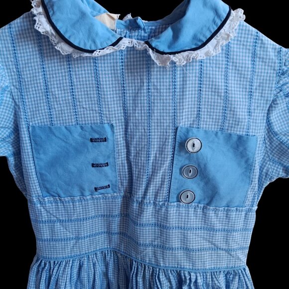 Vintage Girls Dress 10 1950's Blue Gingham Peter Pan Collar Lace Trim Dorothy - Picture 2 of 7